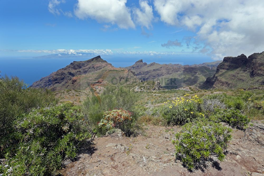 Bergblick in die Schlucht von Masca bis zur Insel La Gomera Bergblick in die Schlucht von Masca bis zur Insel La Gomera