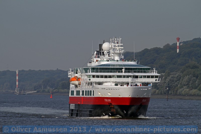 Hurtigruten MS Fram approaching port of Hamburg, 04. October 2013
