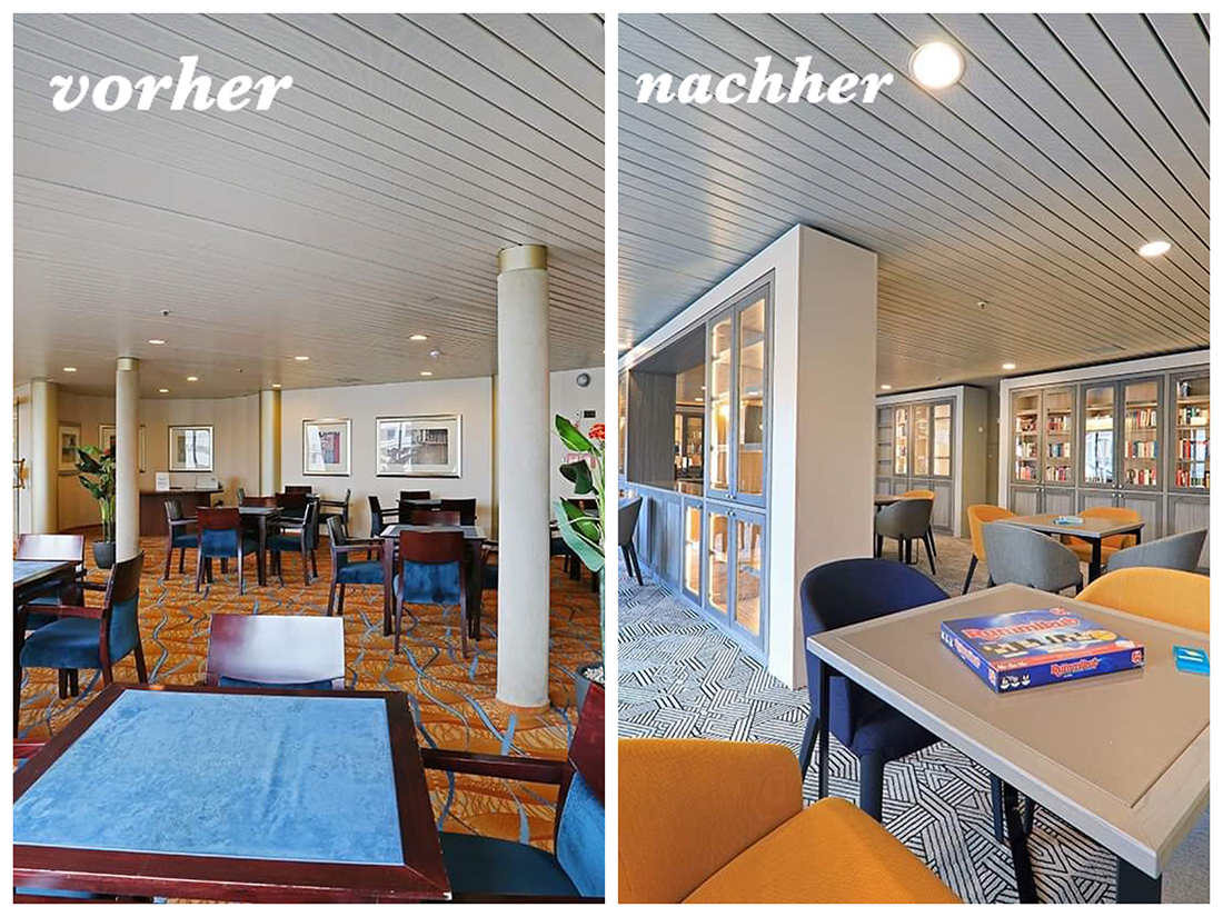 Jamaika Club vorher und Bibliothek nachher MS Artania