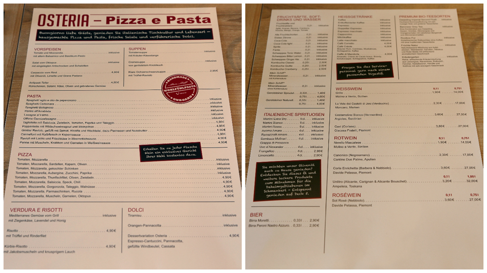Mein Schiff 5 Osteria Pizza e Pasta Speisekarte