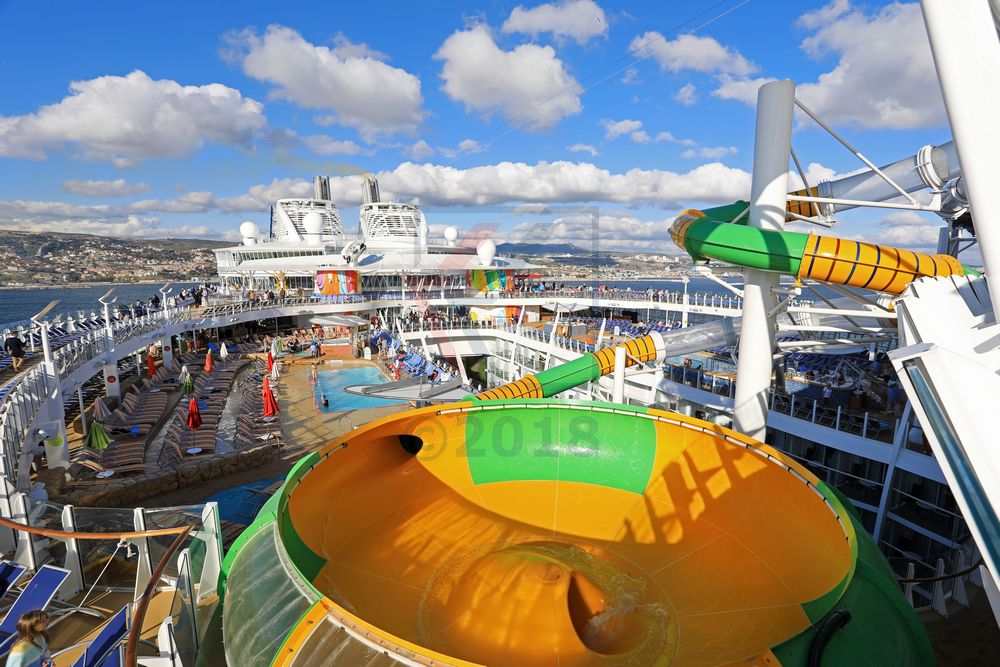 Panoramablick über Wasserrutschen und Pools der Symphony of the Seas