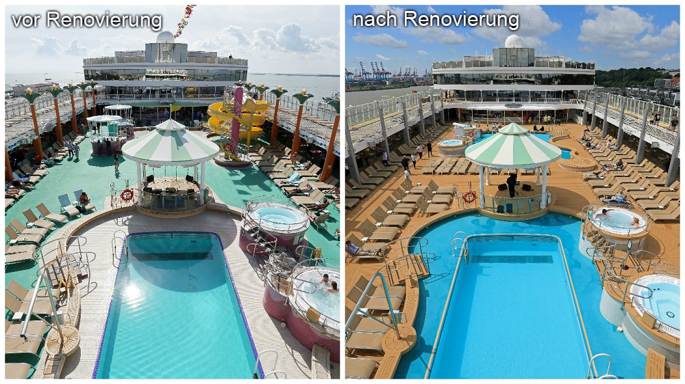 Swimming Pool und Sonnendeck vorher und nachher Norwegian Jade